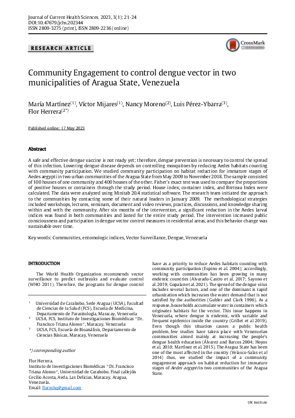 (PDF) Community Engagement to control dengue vector in two ...