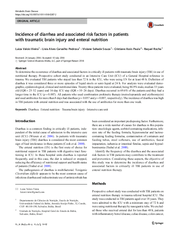 (PDF) Incidence of diarrhea and associated risk factors in patients ...