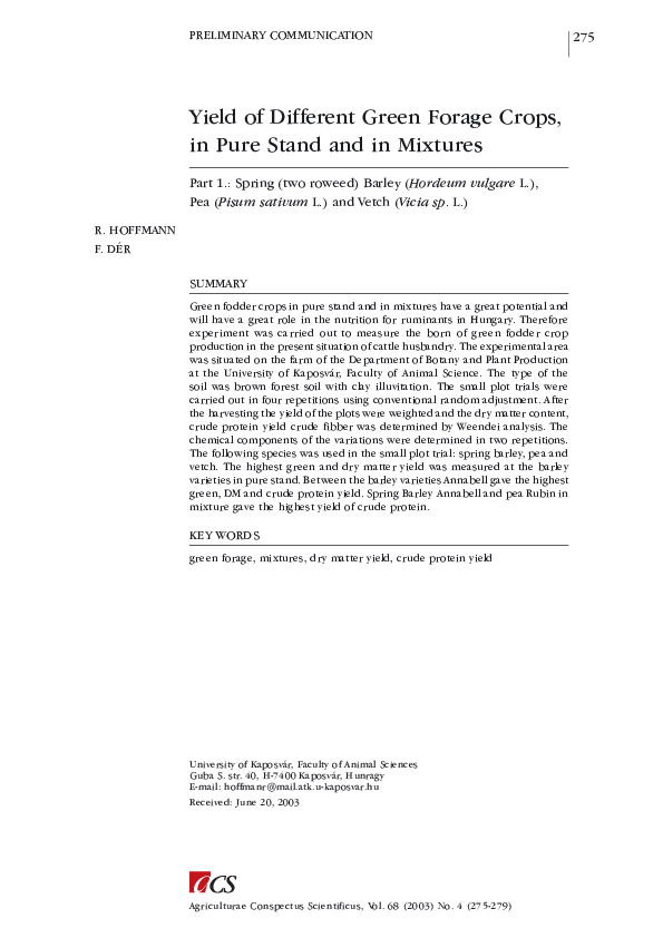 (PDF) Yield of Different Green Forage Crops, in Pure Stand and in