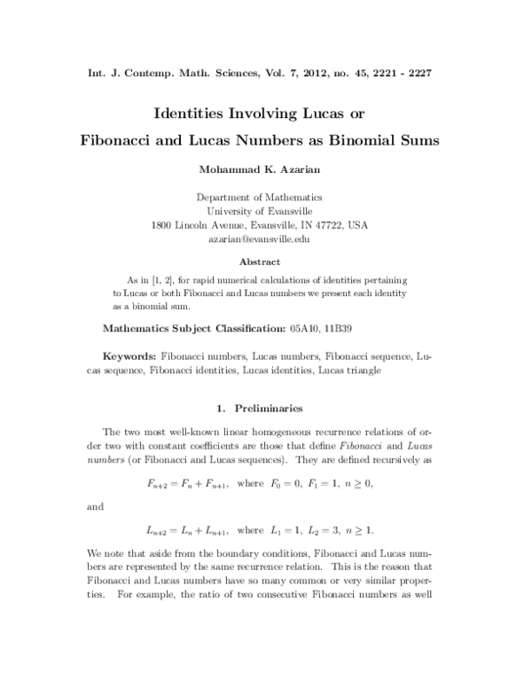 (PDF) Identities involving Lucas or Fibonacci and Lucas numbers as ...