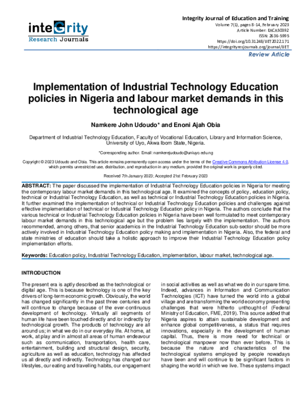 (PDF) Implementation of Industrial Technology Education policies in ...