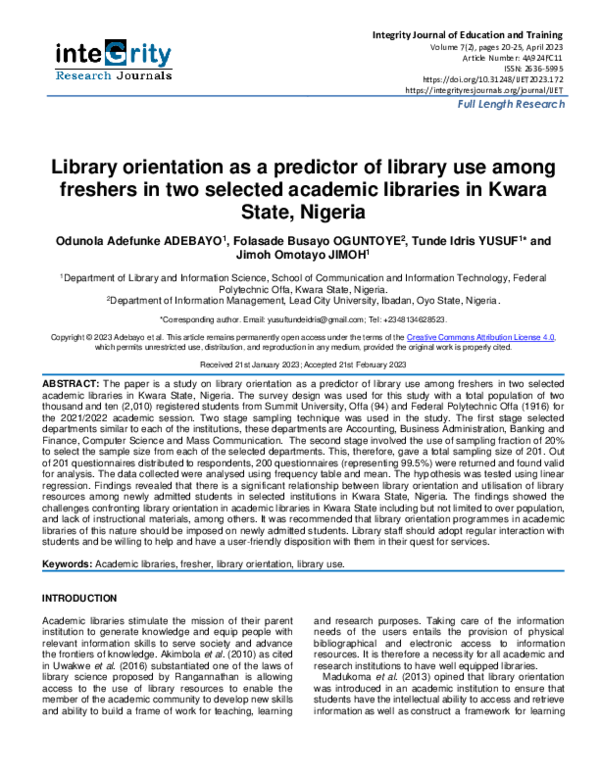 (PDF) Library orientation as a predictor of library use among freshers ...