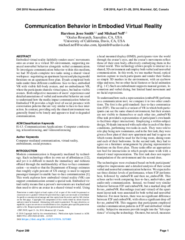 (PDF) Communication Behavior in Embodied Virtual Reality