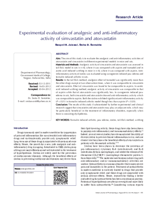 (PDF) Experimental evaluation of analgesic and anti-inflammatory ...