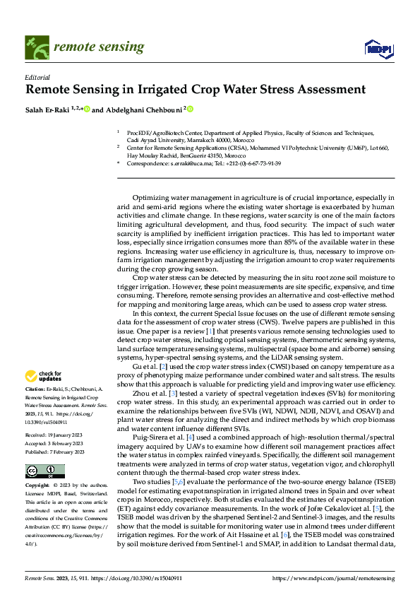 (PDF) Remote Sensing in Irrigated Crop Water Stress Assessment