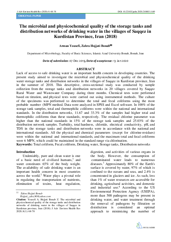 (PDF) The microbial and physicochemical quality of the storage tanks ...