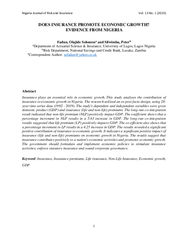 (PDF) Does Insurance Promote Economic Growth? Evidence from Nigeria