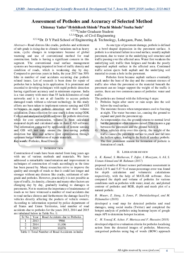 (PDF) Assessment of Pothole and Accuracy of Selected Method