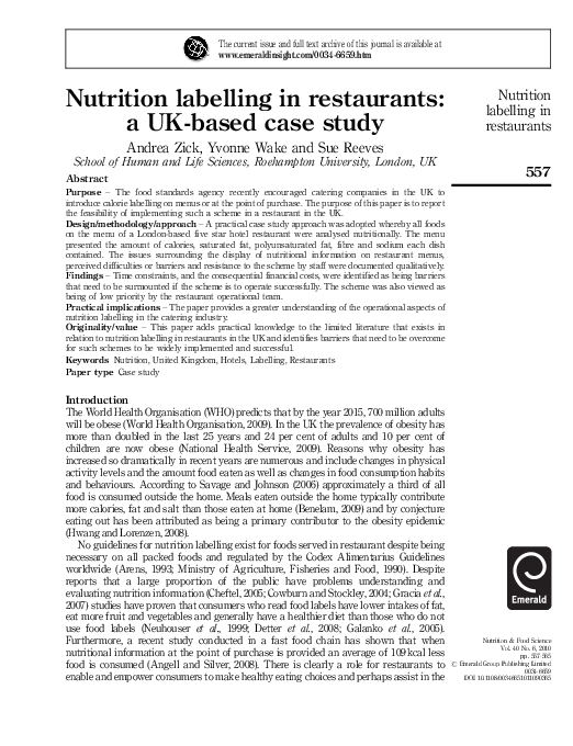 (PDF) Nutrition labelling in restaurants: a UK‐based case study