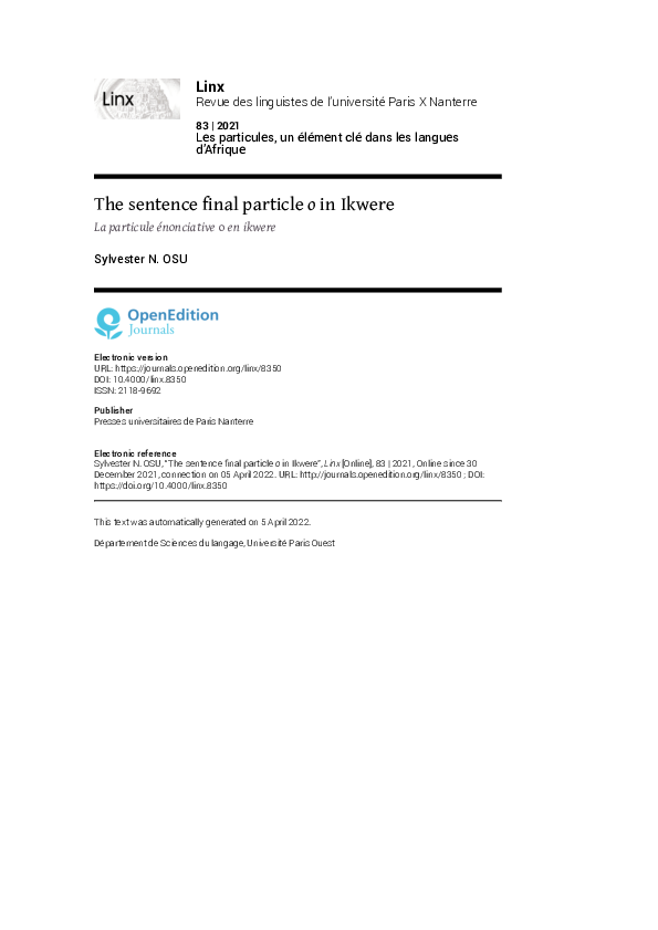 (PDF) The sentence final particle o in Ikwere