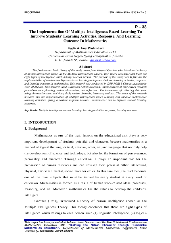 (PDF) The Implementation Of Multiple Intelligences Based Learning To ...