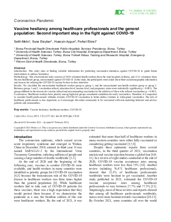 (PDF) Vaccine hesitancy among healthcare professionals and the general ...
