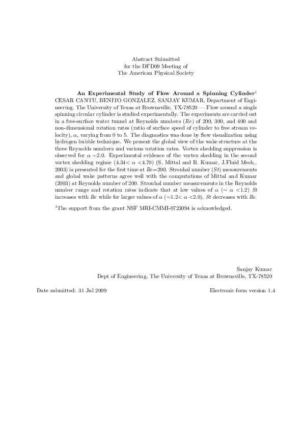 (PDF) An Experimental Study of Flow Around a Spinning Cylinder