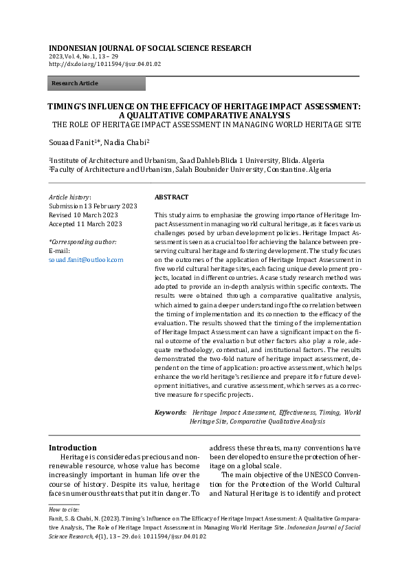 (PDF) Timing's Influence on the Efficacy of Heritage Impact Assessment ...