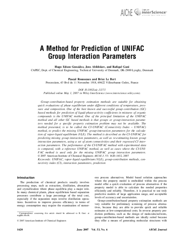 (PDF) A method for prediction of UNIFAC group interaction parameters