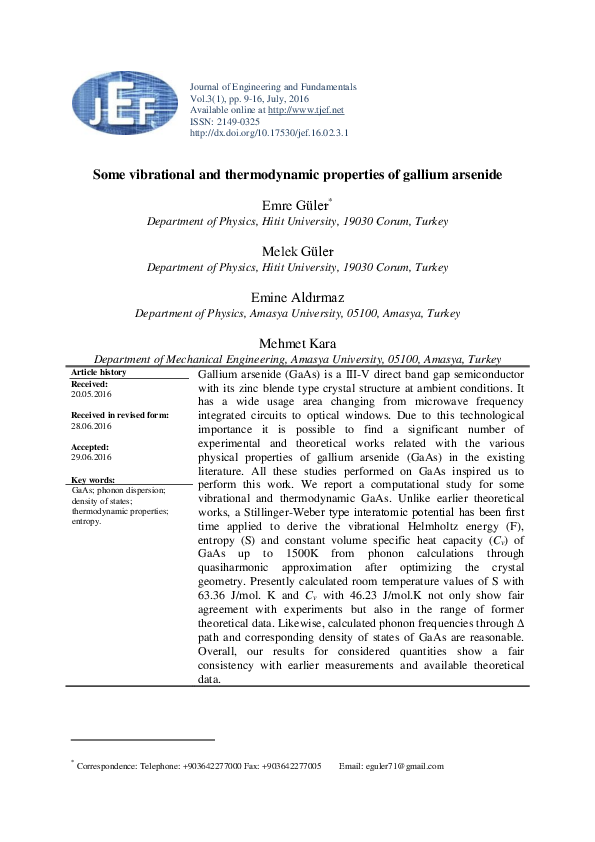 (PDF) Some vibrational and thermodynamic properties of gallium arsenide