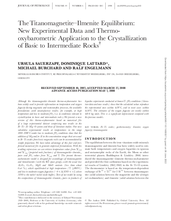 (PDF) The Titanomagnetite–Ilmenite Equilibrium: New Experimental Data ...