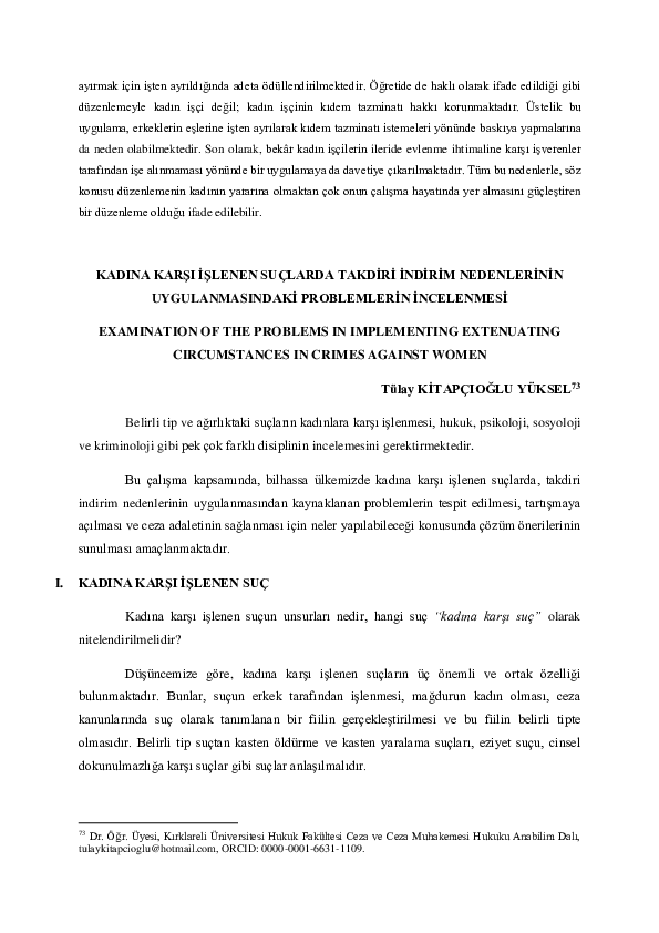 Kadına Karşı İşlenen Suçlarda Takdiri İndirim Nedenlerinin Uygulanmasındaki Problemlerin İncelenmesi