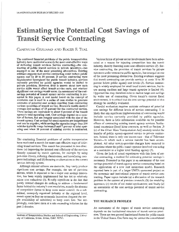 (PDF) Estimating the Potential Cost Savings of Transit Service Contracting