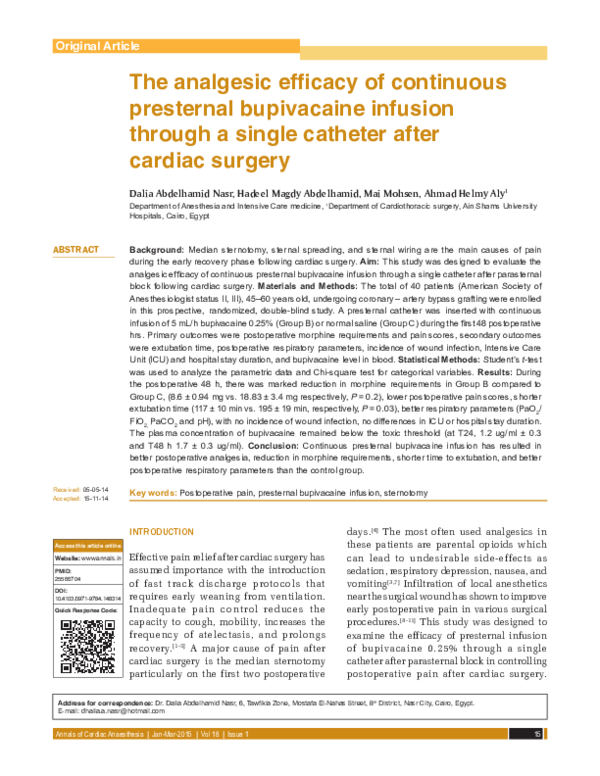 (PDF) The analgesic efficacy of continuous presternal bupivacaine ...