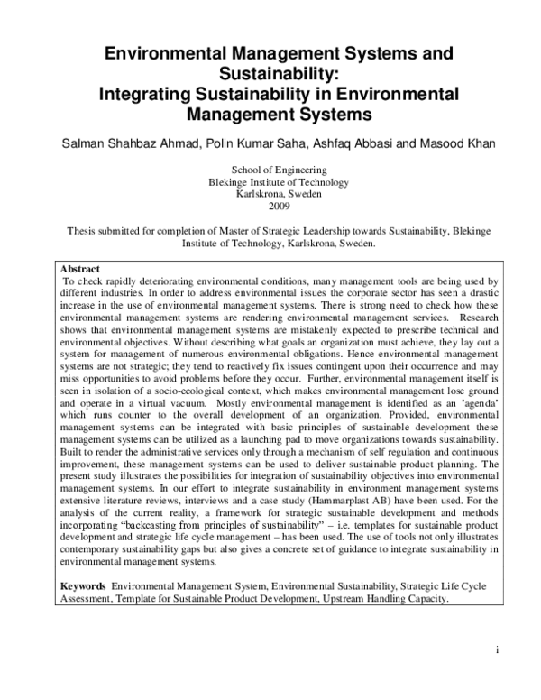 (PDF) Environmental Management Systems and Sustainability A Framework
