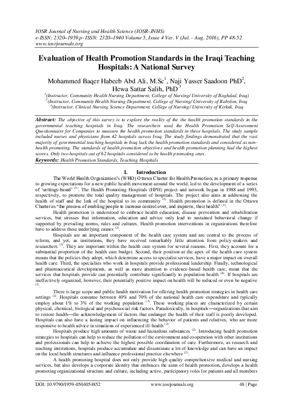 Evaluation of Health Promotion Standards in the Iraqi Teaching Hospitals: A National Survey
