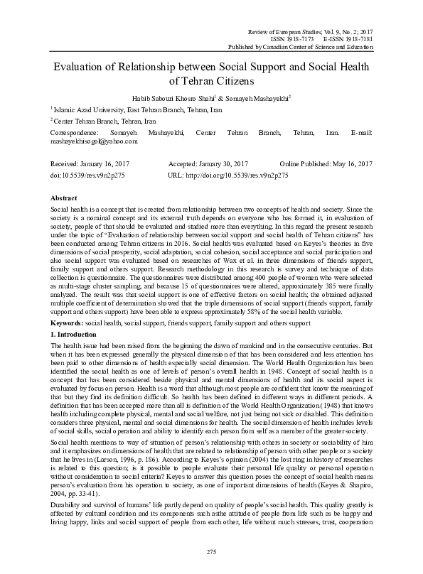 (PDF) Evaluation of Relationship between Social Support and Social ...