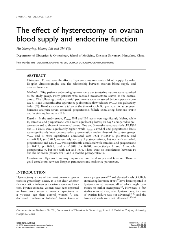 (PDF) The effect of hysterectomy on ovarian blood supply and endocrine ...