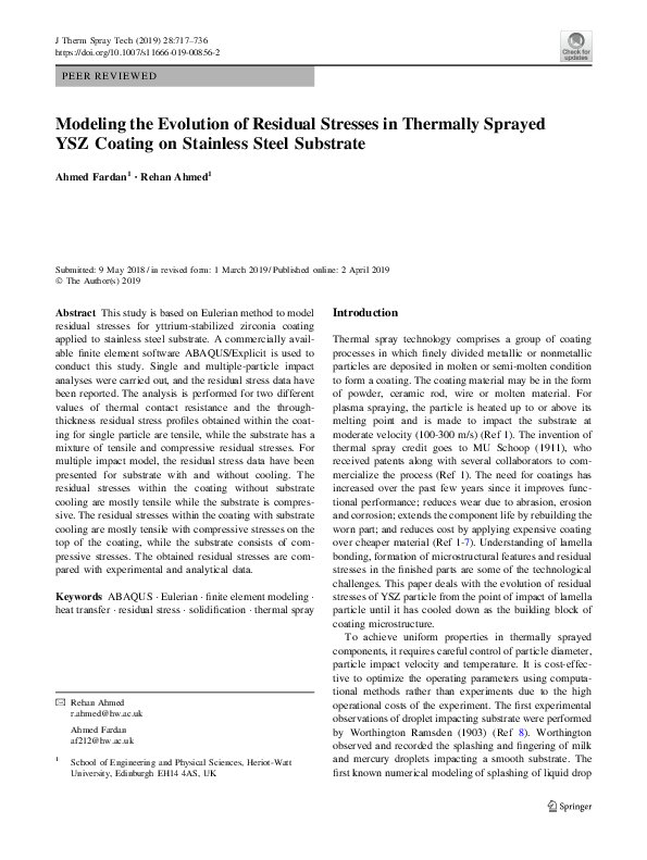 (PDF) Modeling the Evolution of Residual Stresses in Thermally Sprayed ...