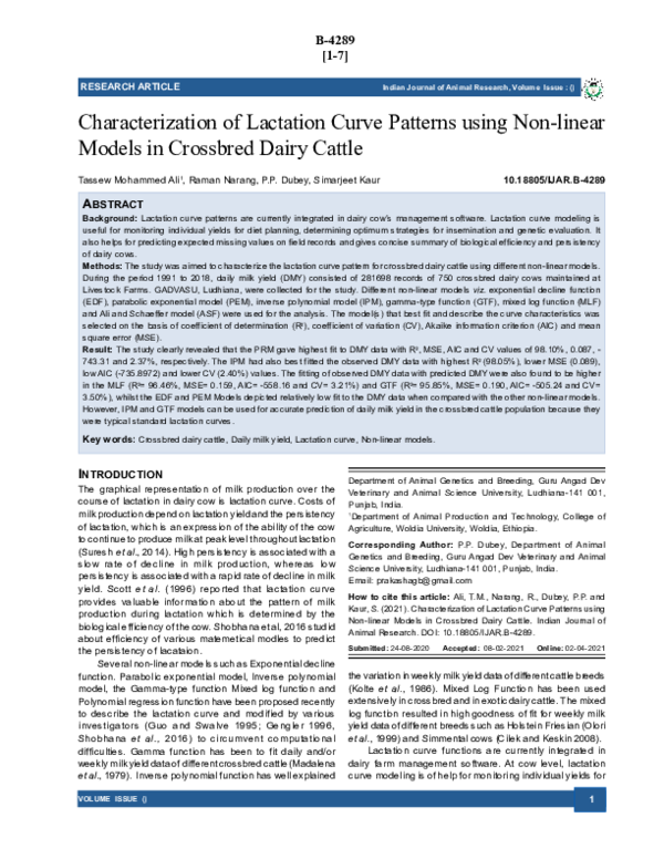 (PDF) Characterization of Lactation Curve Patterns using Non-linear ...