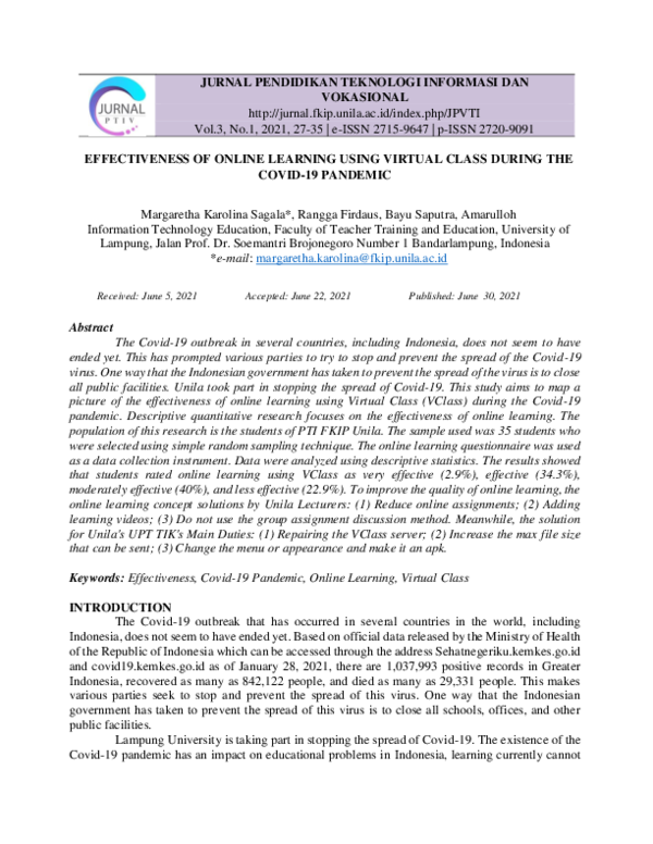 (PDF) Effectiveness of Online Learning Using Virtual Class During the ...