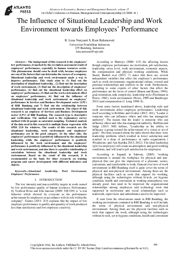 (PDF) The Influence of Situational Leadership and Work Environment ...