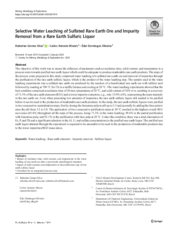 (PDF) Selective Water Leaching of Sulfated Rare Earth Ore and Impurity ...