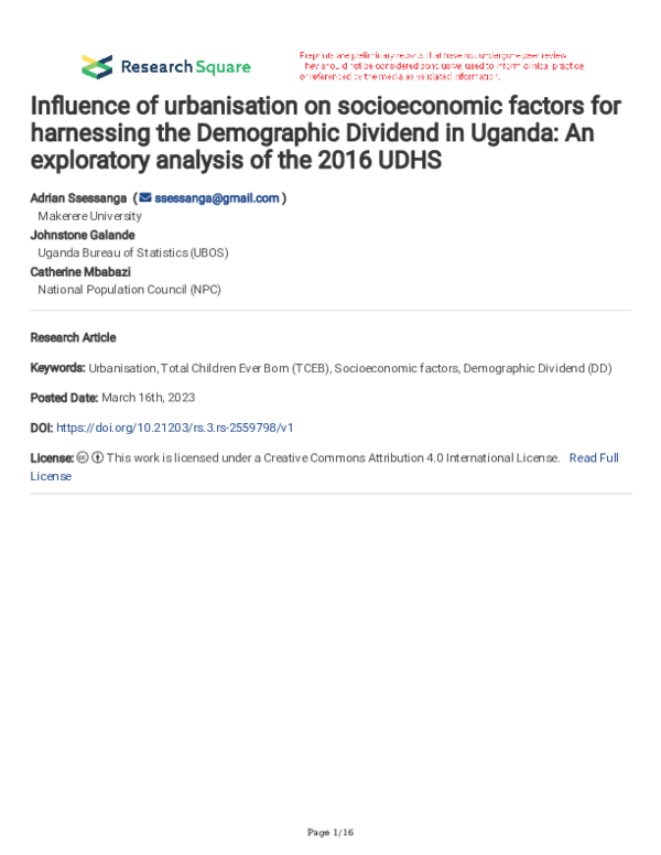 (PDF) Influence of urbanisation on socioeconomic factors for harnessing ...