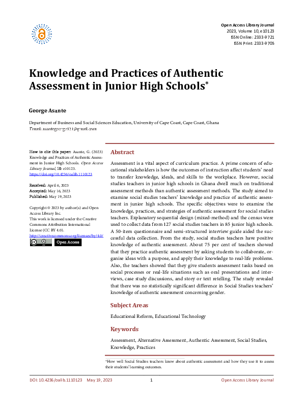 (PDF) Knowledge and Practices of Authentic Assessment in Junior High ...