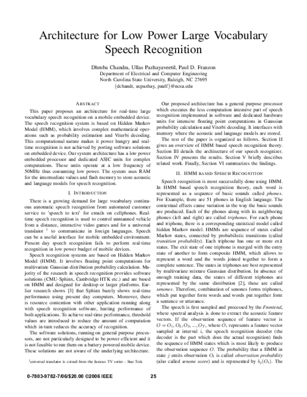 (PDF) Architecture for Low Power Large Vocabulary Speech Recognition