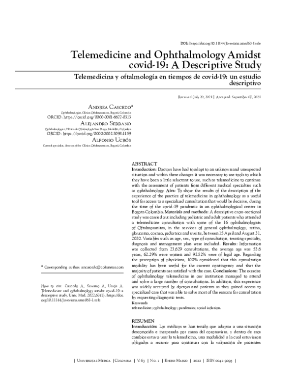 (PDF) Telemedicine and Ophthalmology Amidst covid-19: A Descriptive Study