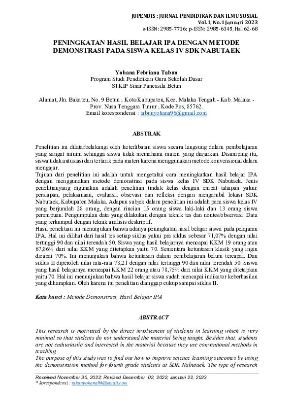 (PDF) Peningkatan Hasil Belajar Ipa Dengan Metode Demonstrasi Pada ...