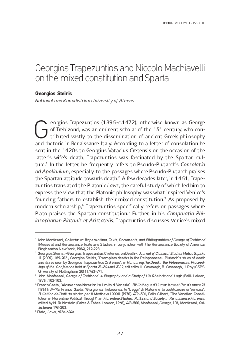 (PDF) Steiris, G. (2023). Georgios Trapezuntios and Niccolo Machiavelli ...