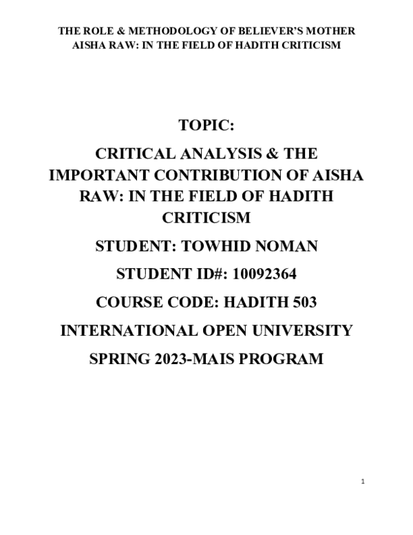 (DOC) CRITICAL ANALYSIS & THE IMPORTANT CONTRIBUTION OF AISHA RAW: IN ...