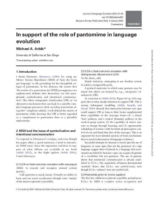 (PDF) In support of the role of pantomime in language evolution