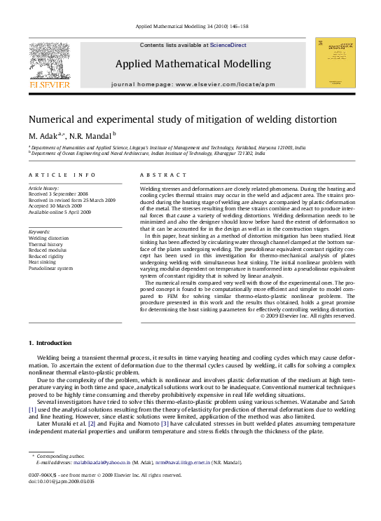 (PDF) Numerical and experimental study of mitigation of welding distortion