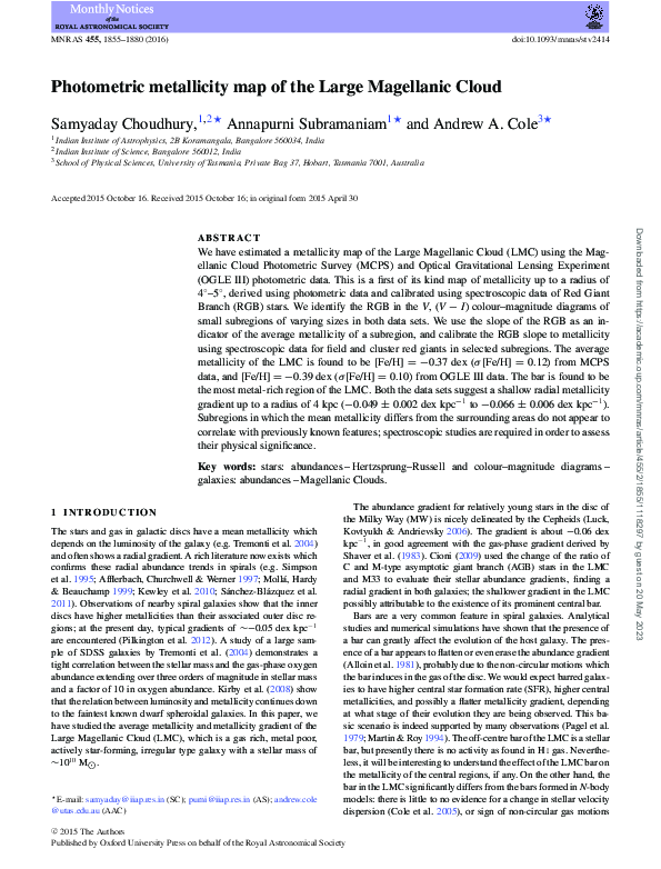 (PDF) Photometric metallicity map of the Large Magellanic Cloud
