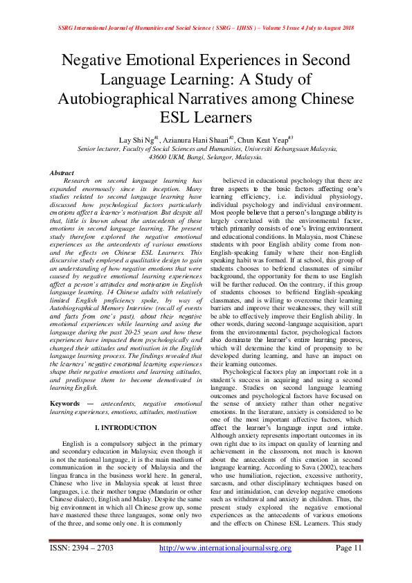(PDF) Negative Emotional Experiences in Second Language Learning: A ...