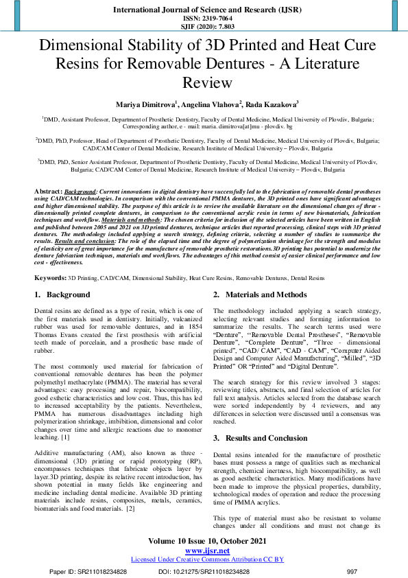 Image showcasing (PDF) Dimensional Stability of 3D Printed and Heat Cure Resins for ...