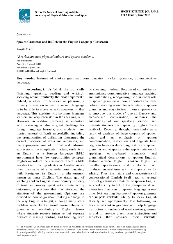 (PDF) Spoken Grammar and Its Role in the English Language Classroom