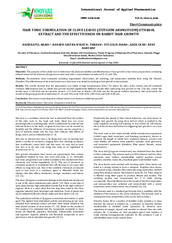 (PDF) HAIR TONIC FORMULATION OF CLOVE LEAVES (SYZYGIUM AROMATICUM