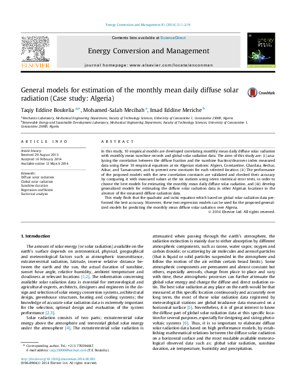 (PDF) Models for Daily Diffuse Solar Radiation in Algeria