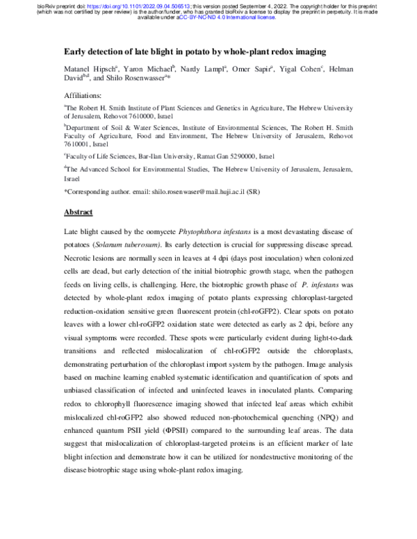 (PDF) Early detection of late blight in potato by whole-plant redox imaging