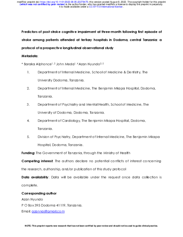 (PDF) Predictors of post-stroke cognitive impairment at three-month ...